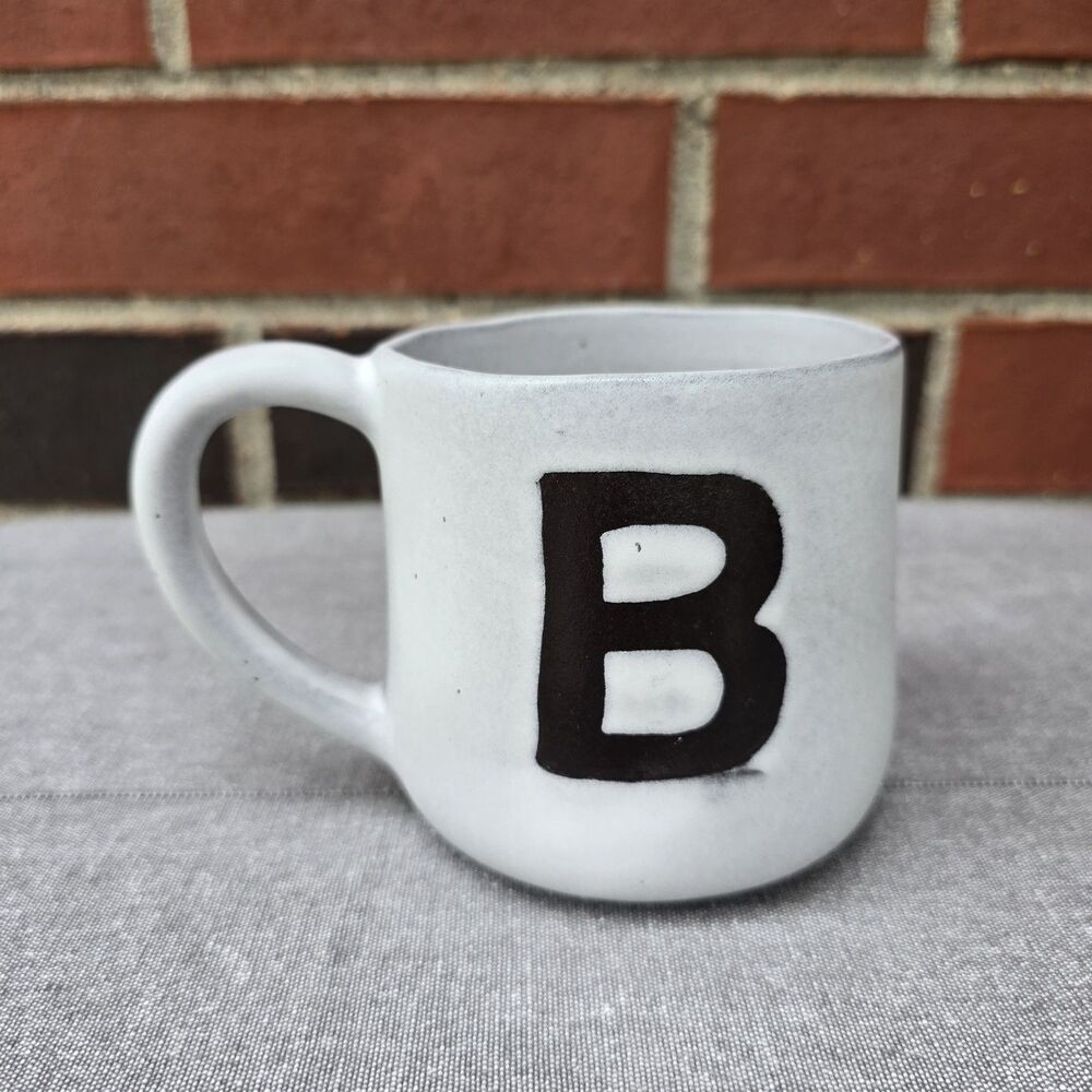 Crate & Barrel Mug Monogram B Handcrafted Artisan Stoneware Portugal Gray Black